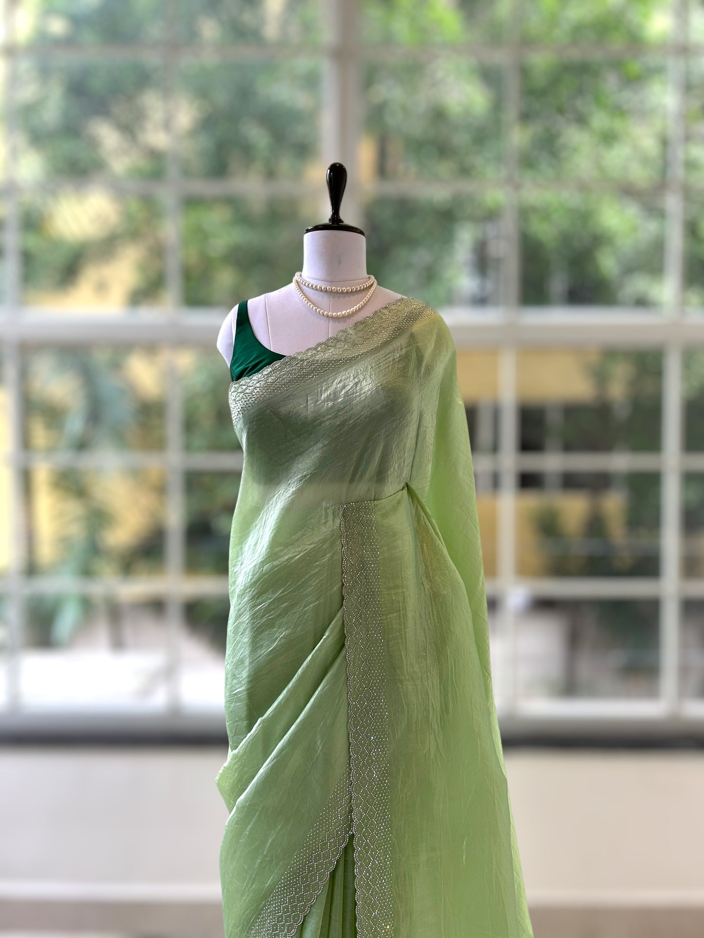 Soft crushed organza saree - Green