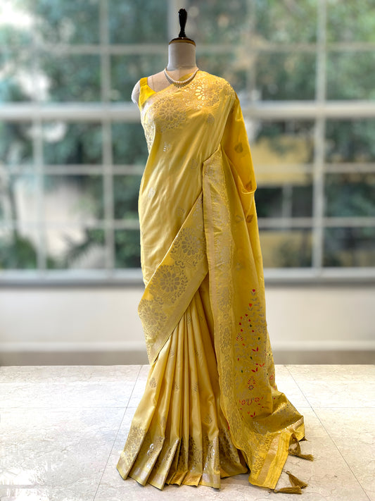 Pastel yellow soft silk saree