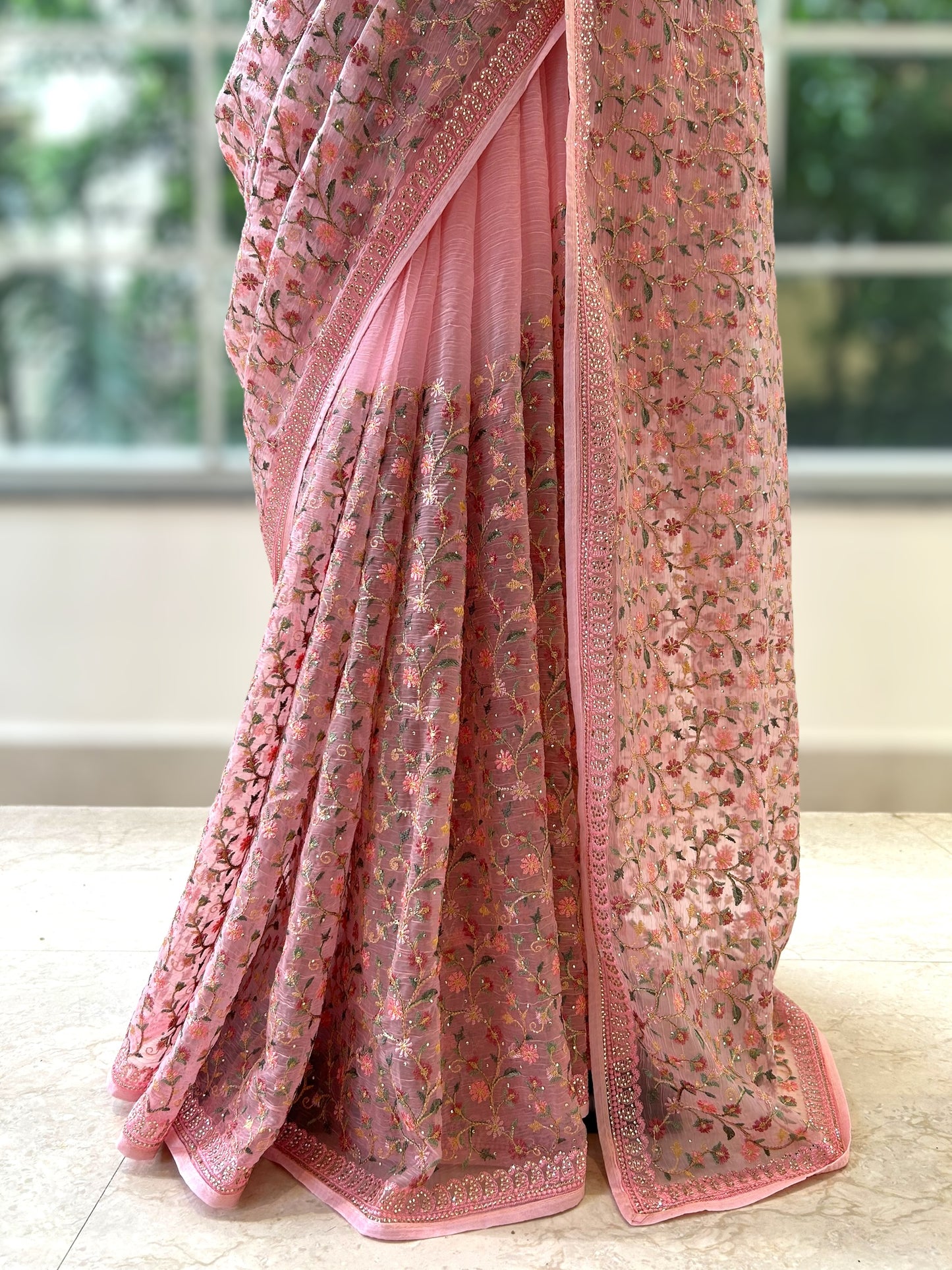 Floral embroidered chiffon saree - Pink