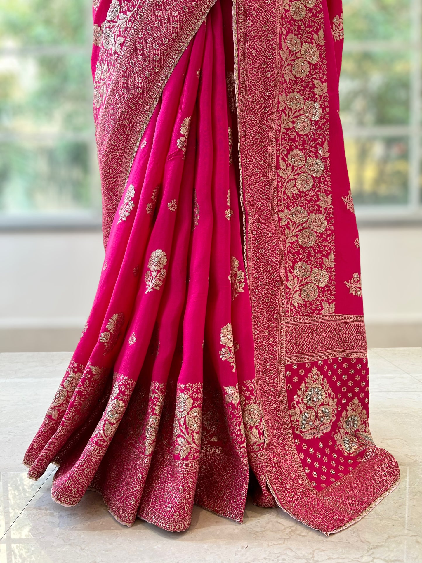 Dola silk stone work saree - Rani Pink