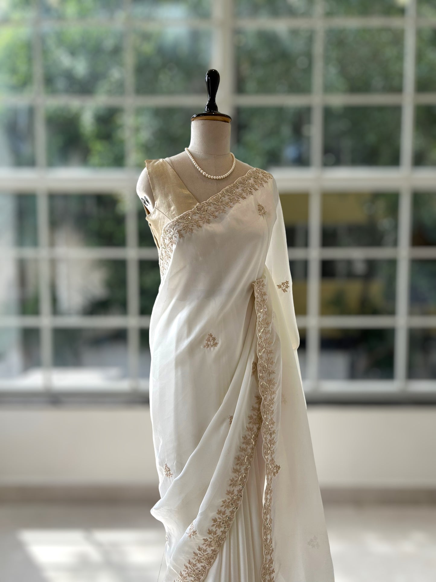 Satin chiffon aari work saree - White