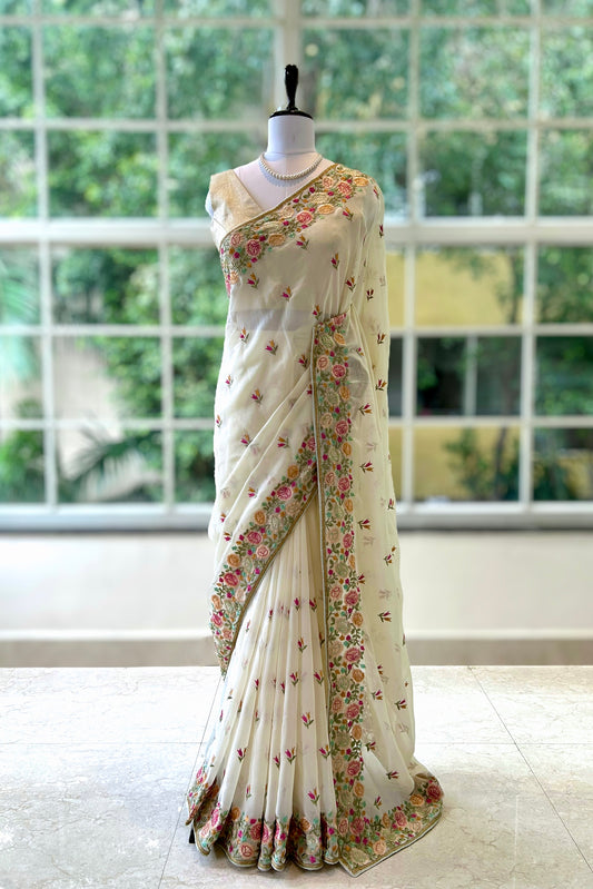 Georgette floral embroidered saree - White