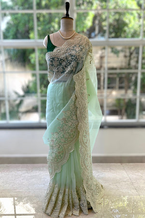 Organza zariwork saree - Green