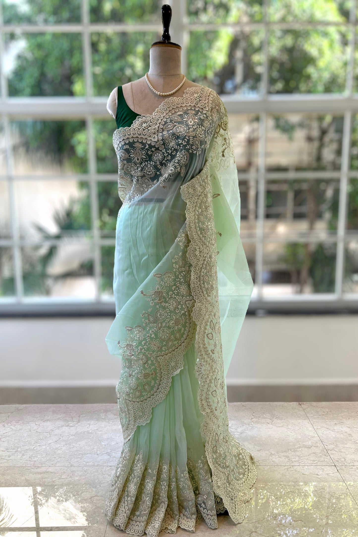 Organza zariwork saree - Green