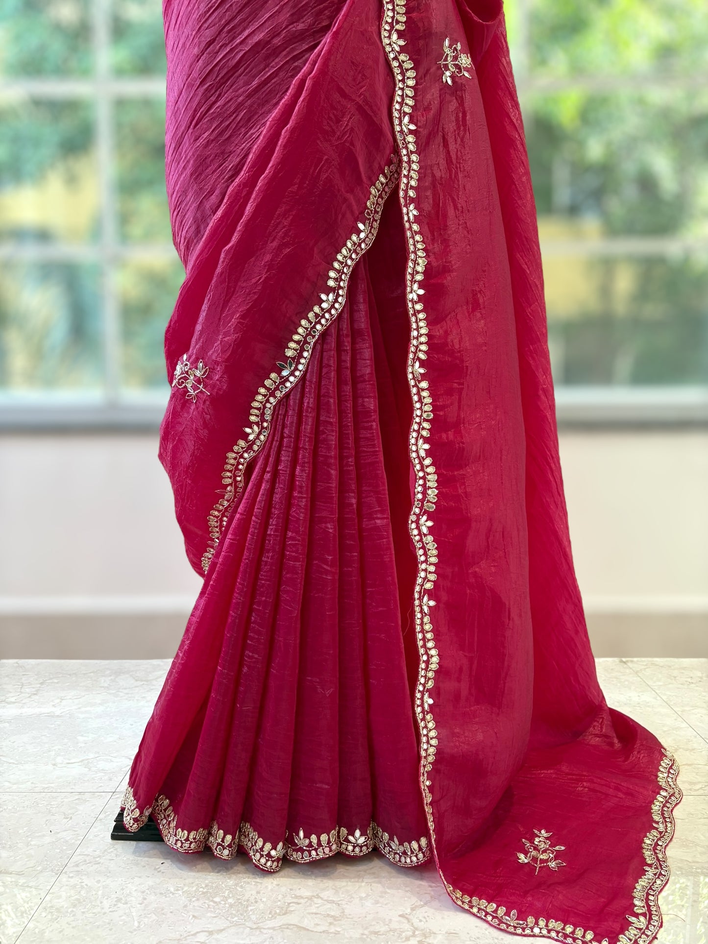 Mirror work crushed organza saree - Pink