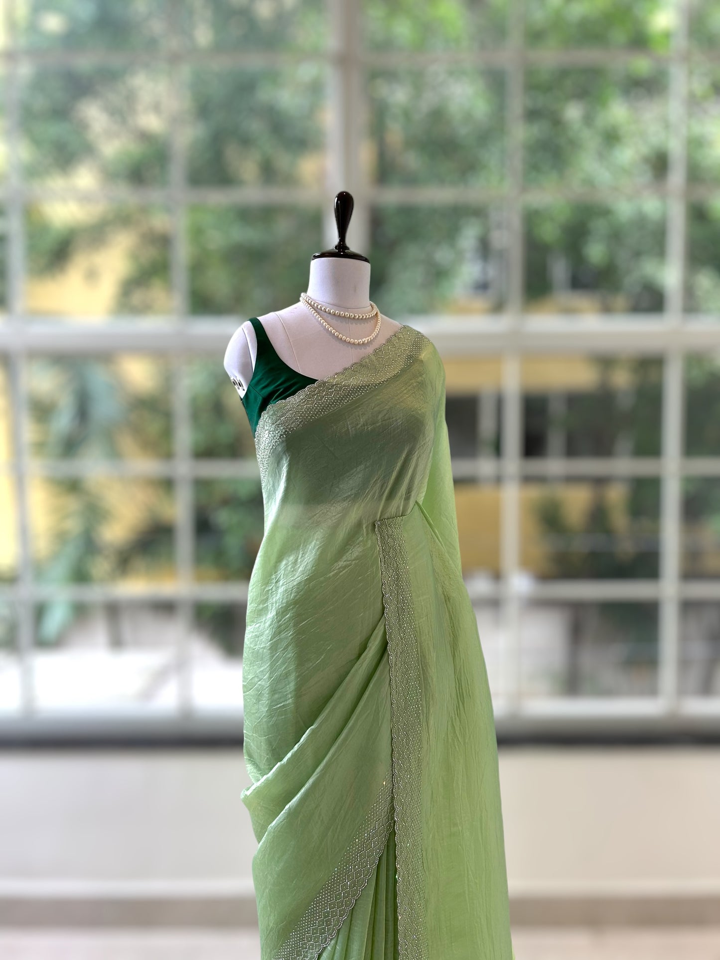 Soft crushed organza saree - Green