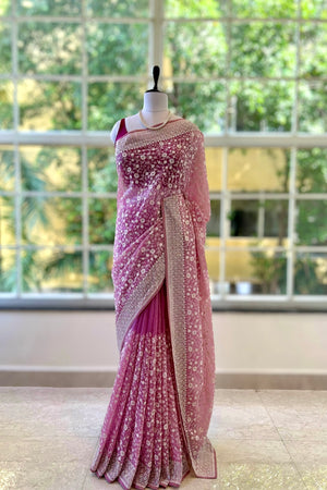 Floral embroidered organza saree - Pink