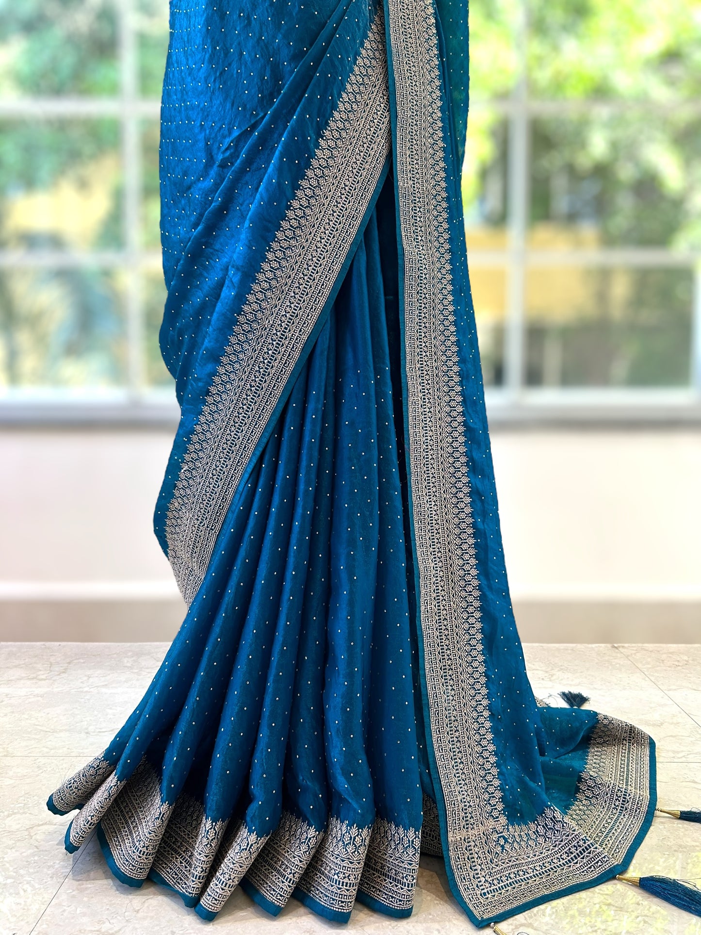 Rama shimmer organza saree