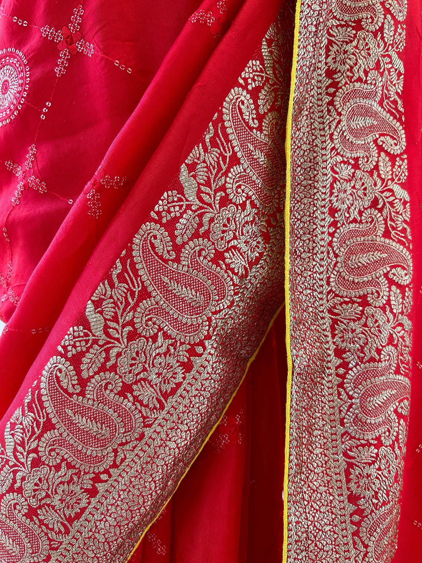 Red sequins zari saree