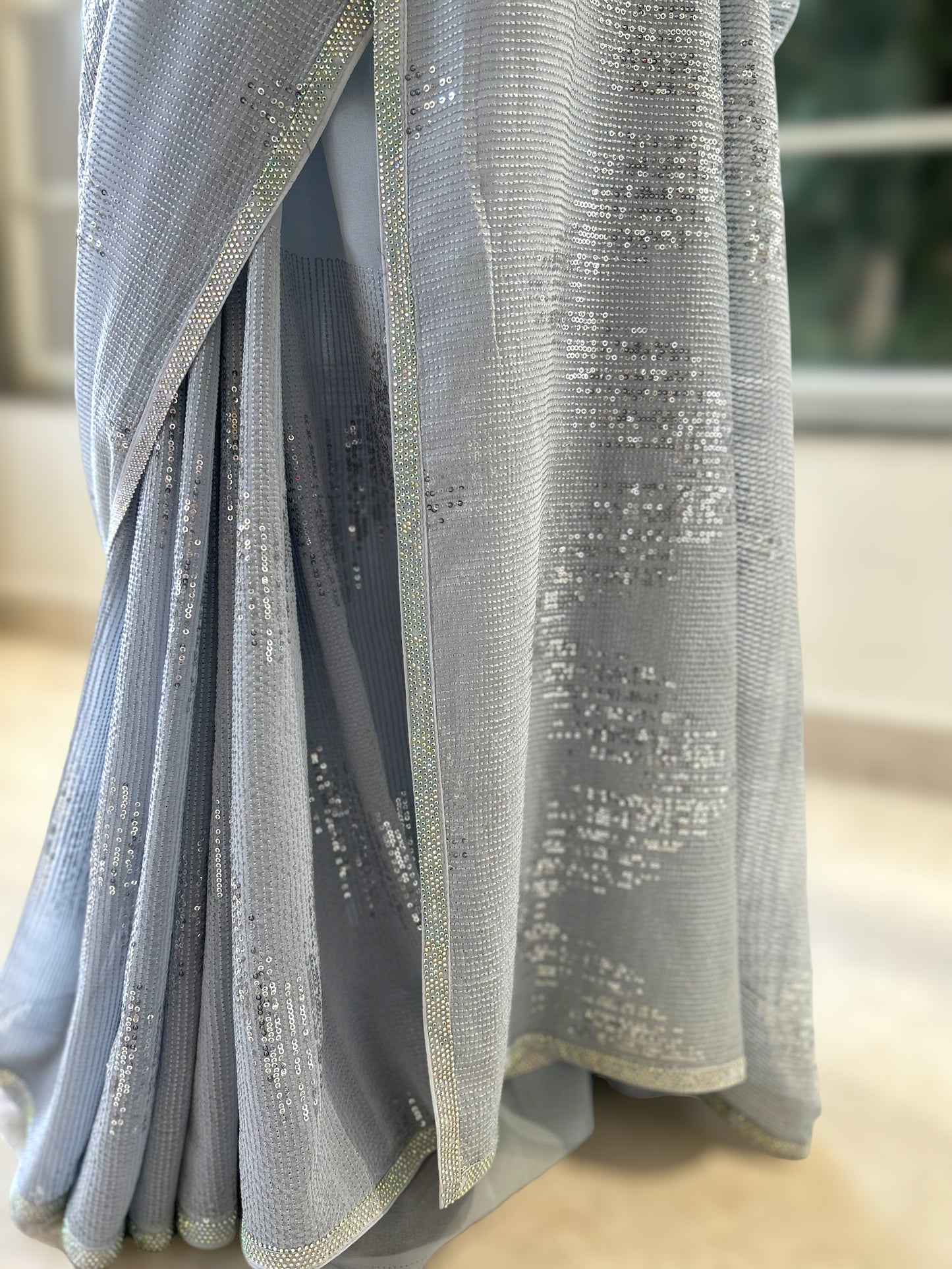 Grey sequins georgette saree