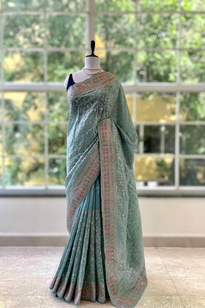 Soft organza work saree - Blue