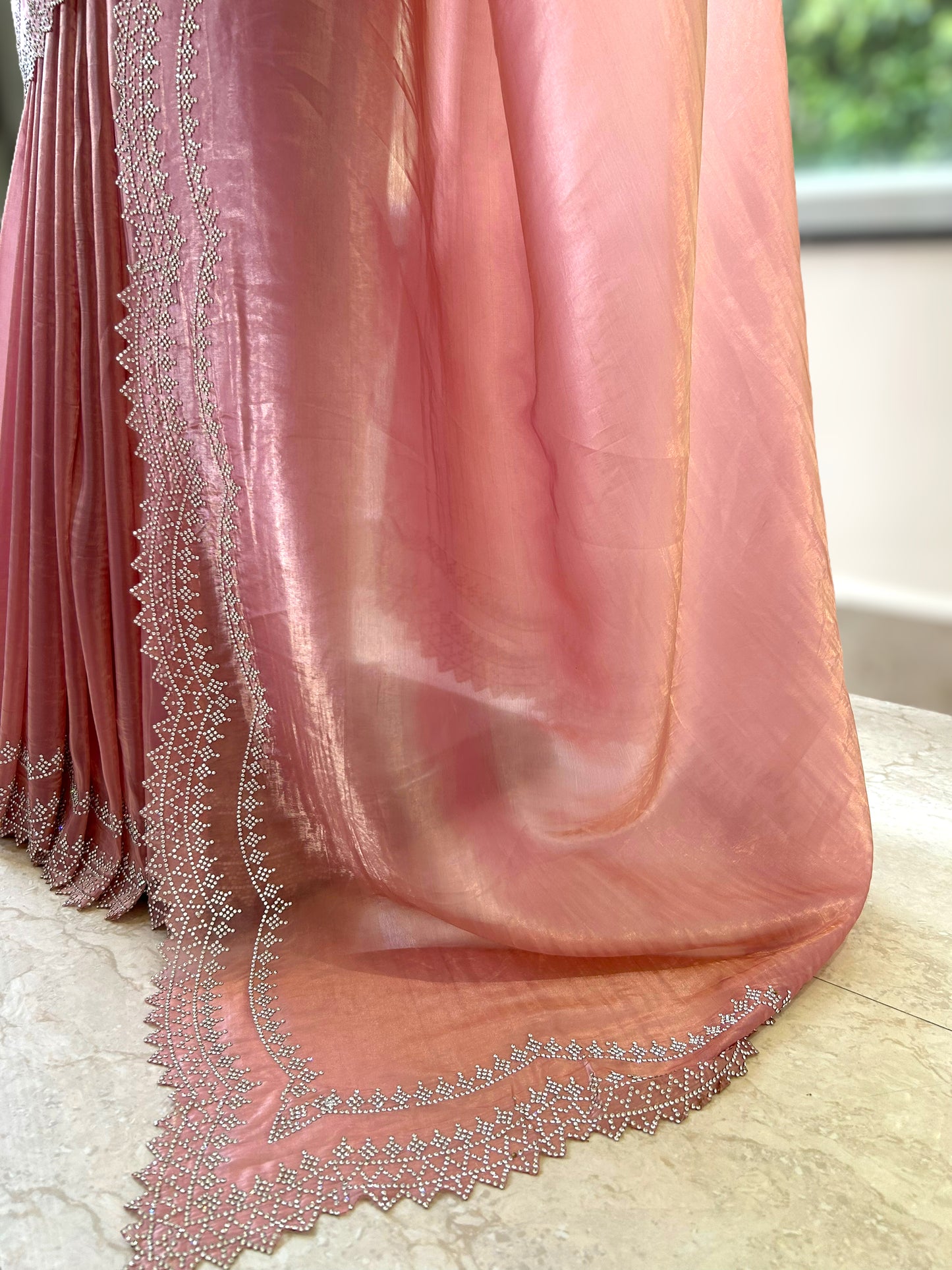 Rose gold embellished organza saree