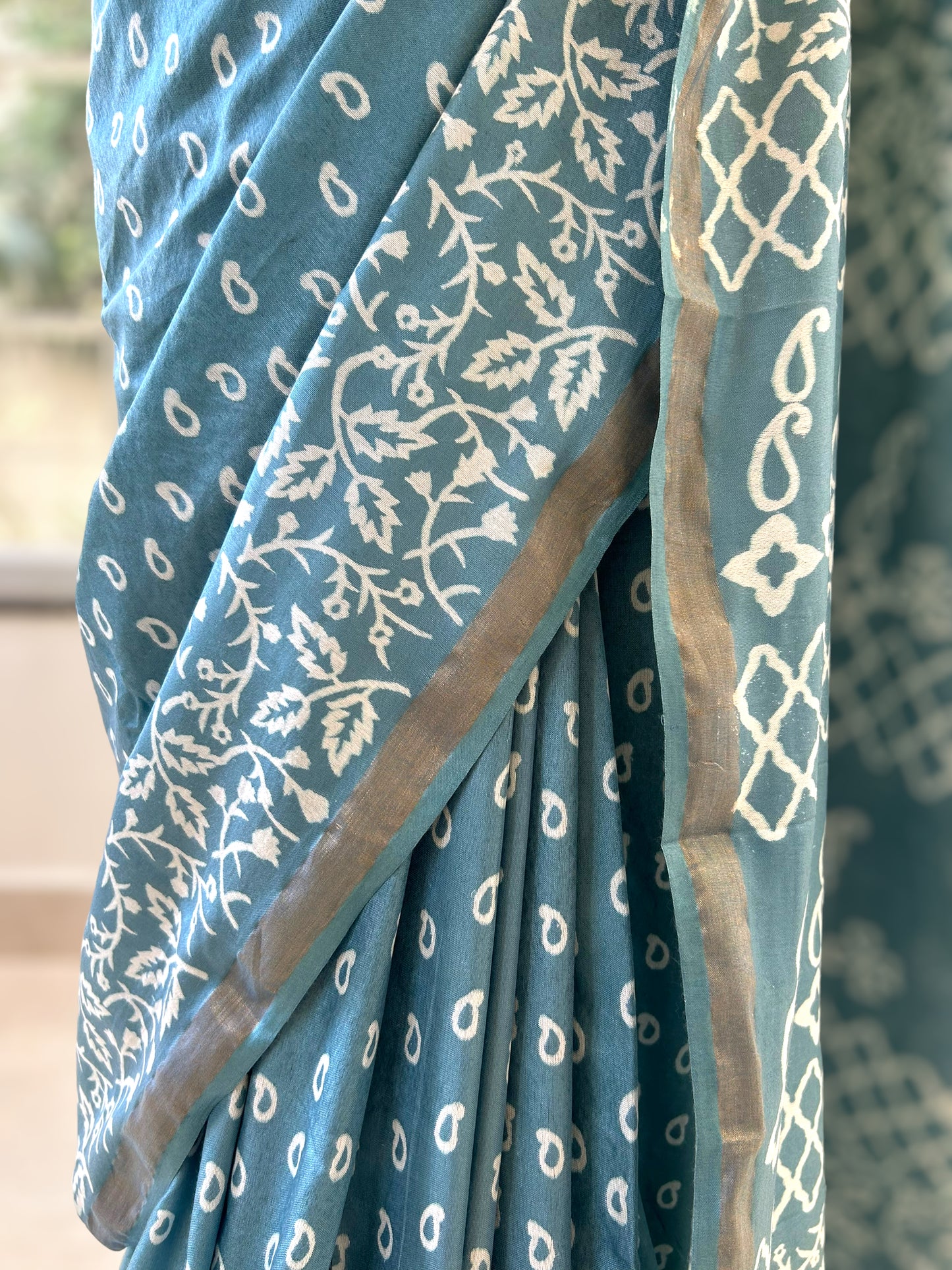 Blue Muslin cotton saree