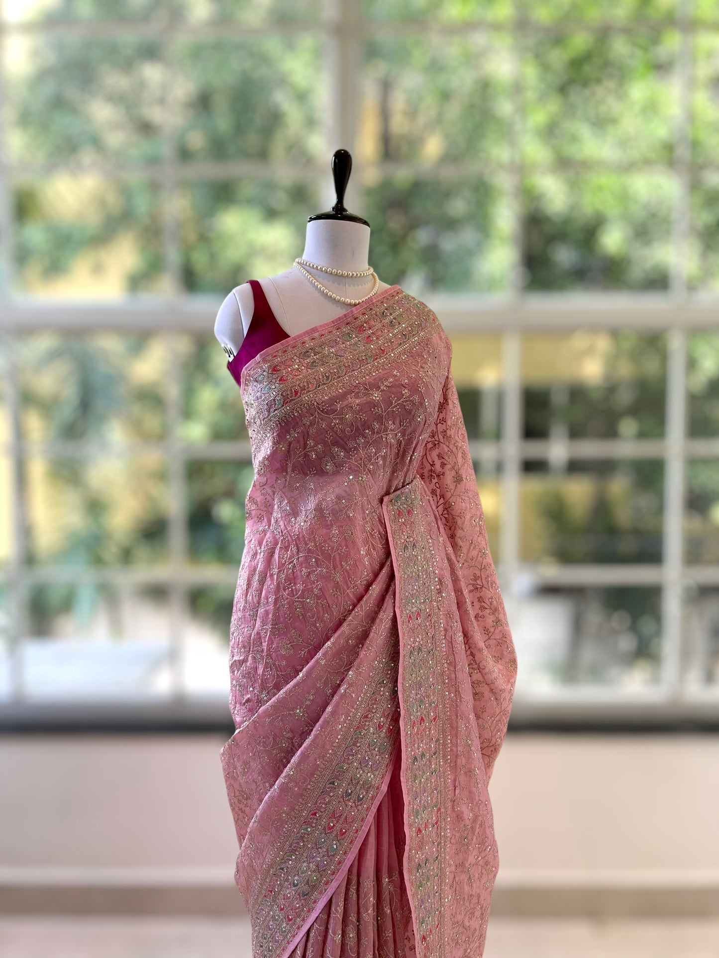 Soft organza work saree - Pink