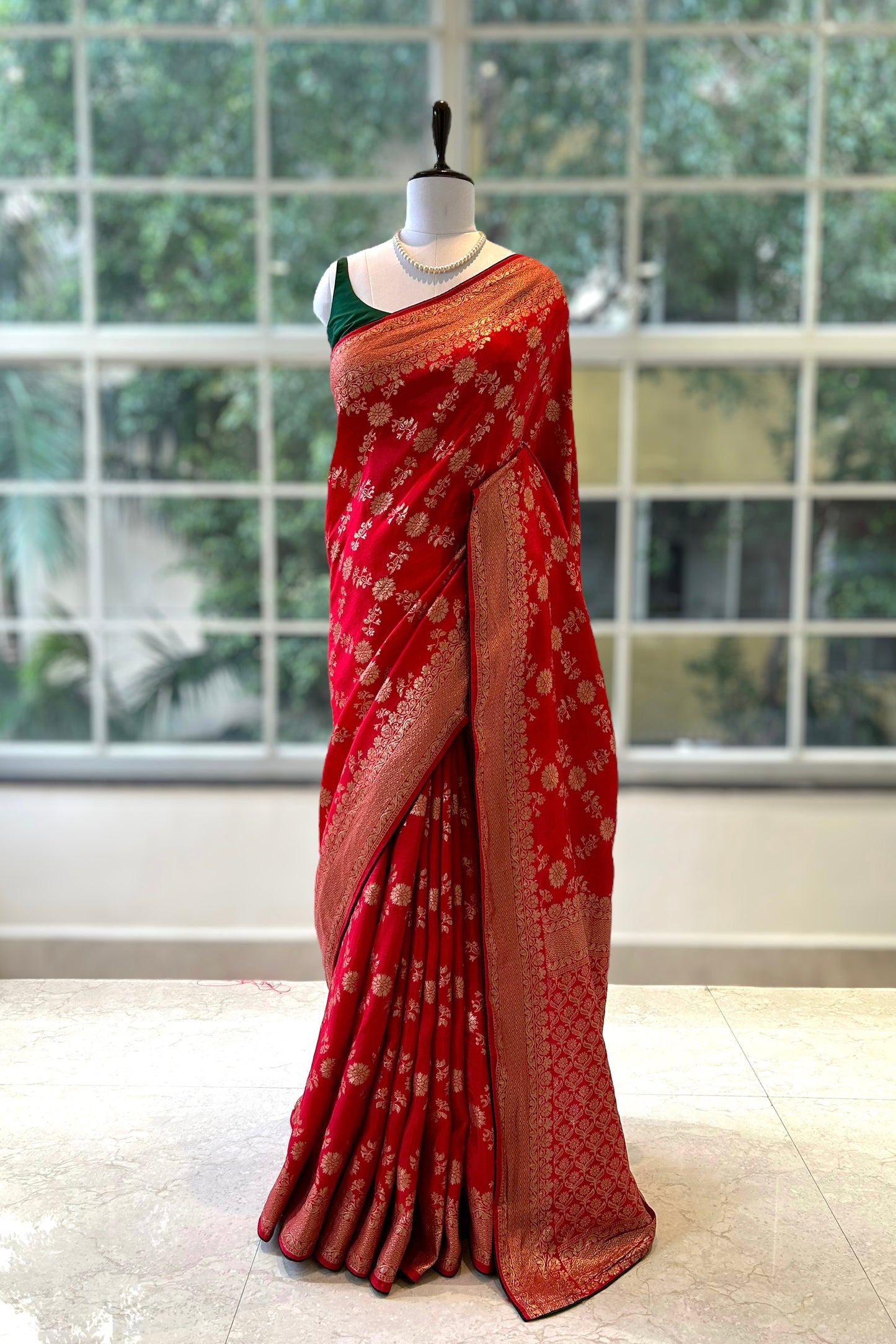 Red checks zari work saree