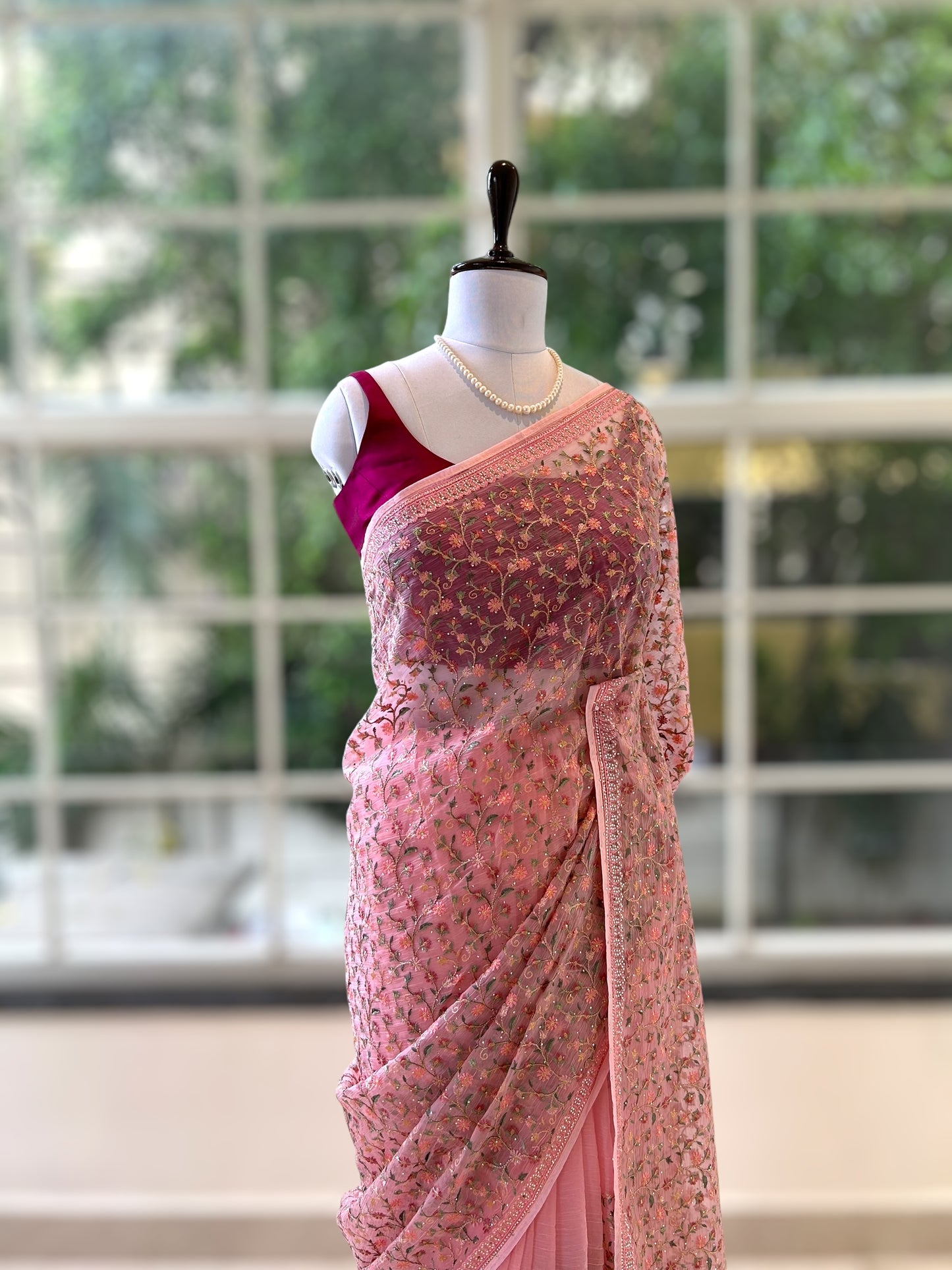 Floral embroidered chiffon saree - Pink