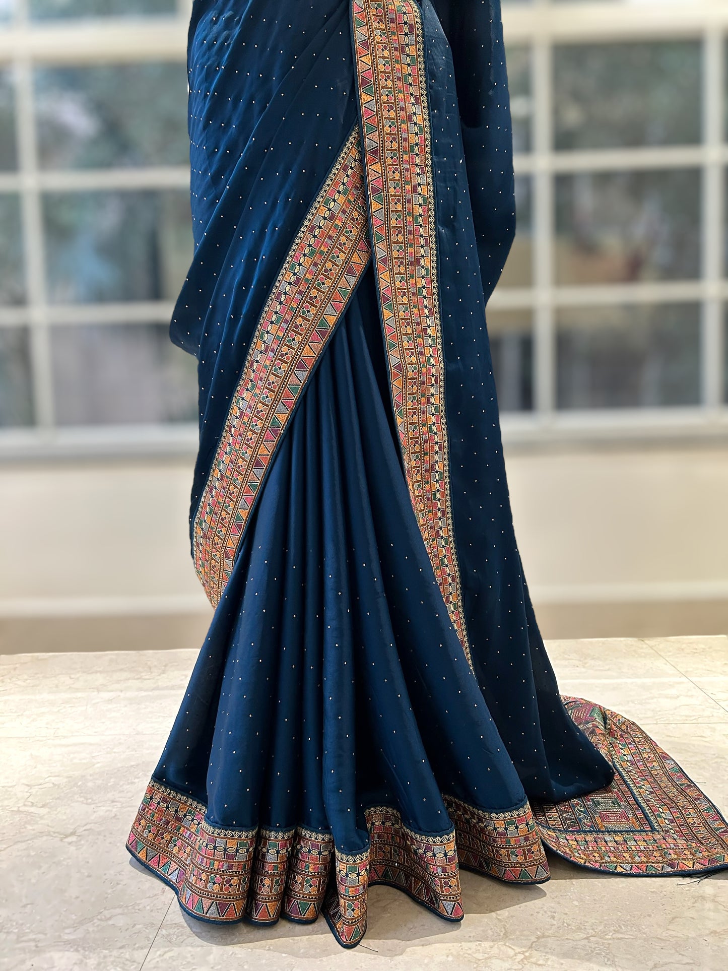 Navy blue pure satin swarovski saree