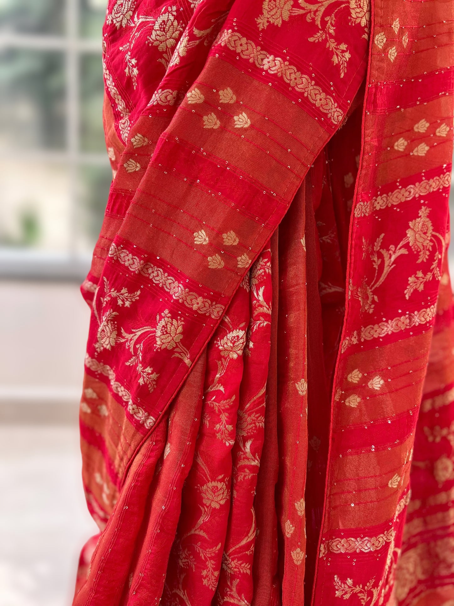 Red dola silk sequins saree