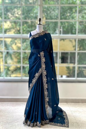 Satin chiffon aari work saree - Navy Blue