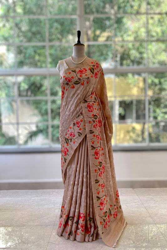 Floral tussar silk saree - Golden