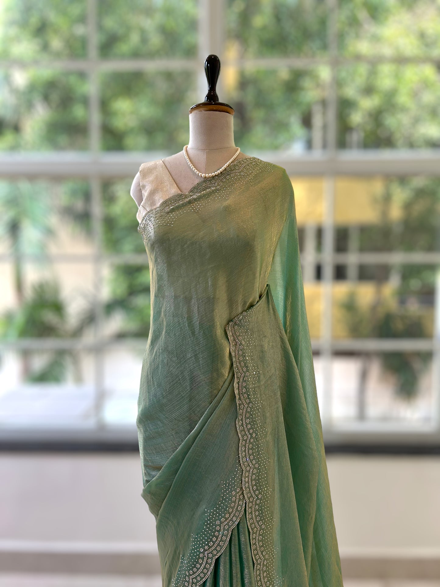 Emerald green shimmer chiffon saree