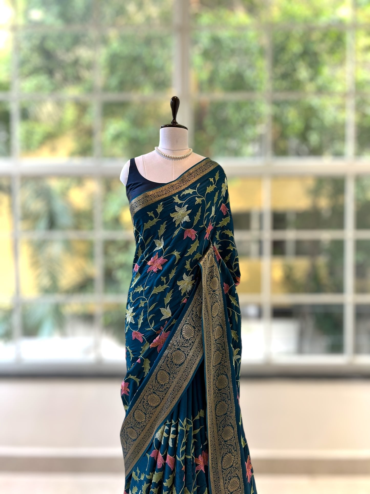 Resham embroidered saree - Teal blue