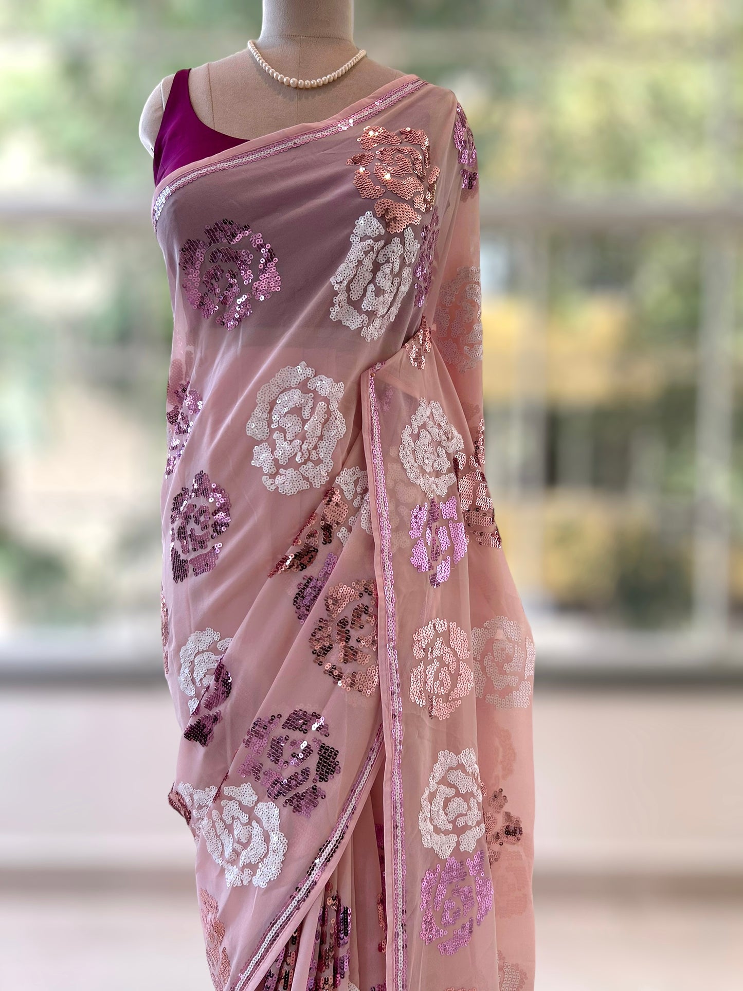 Rose sequins georgette saree - Baby pink