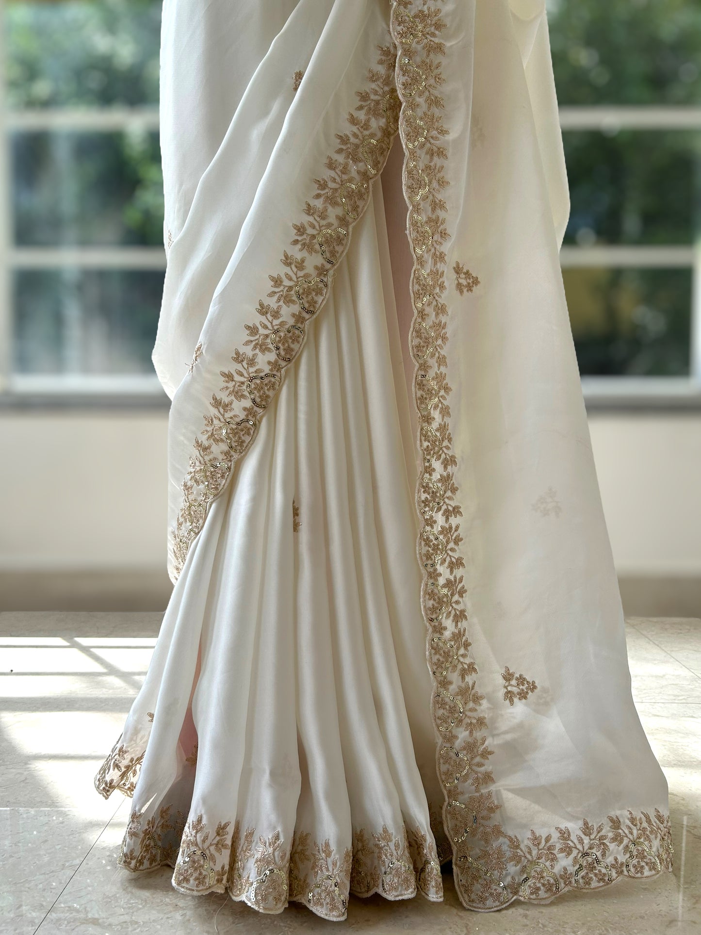 Satin chiffon aari work saree - White