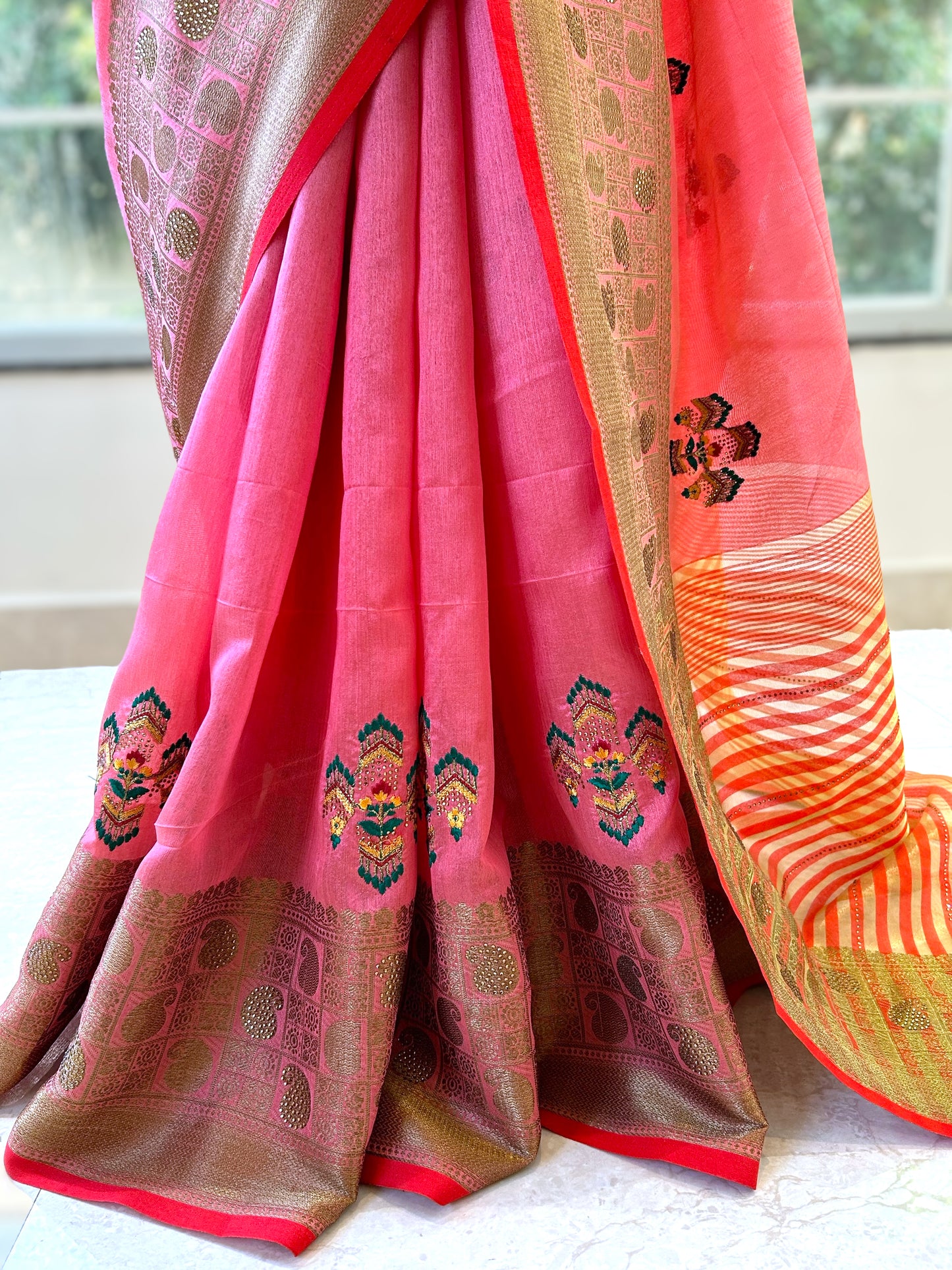 Cotton Embroidered Saree - Pink