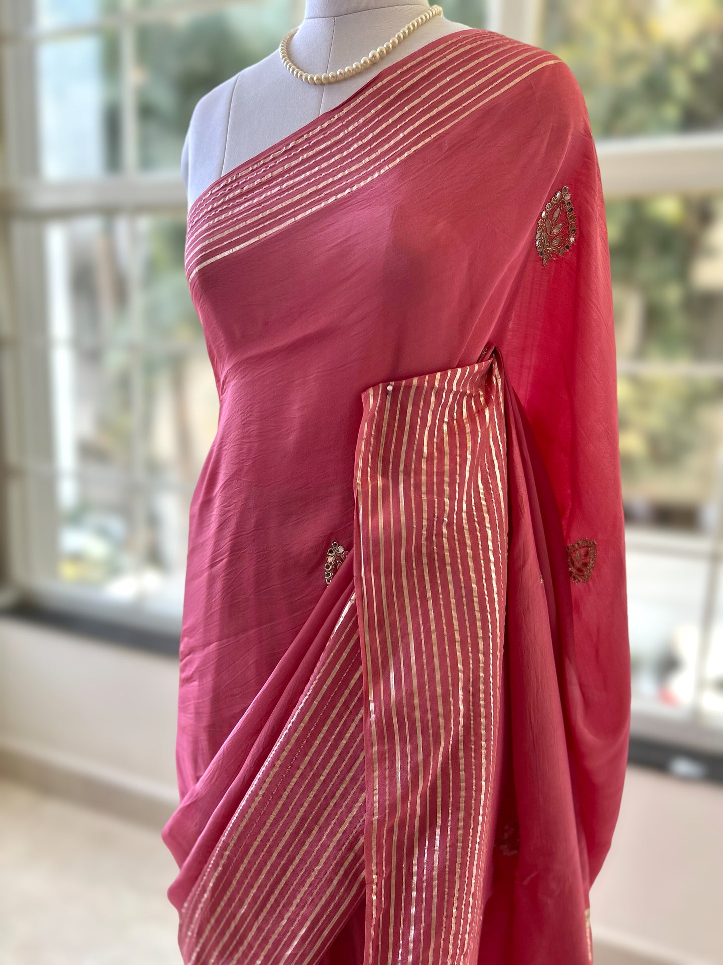 Pastel pink organza saree