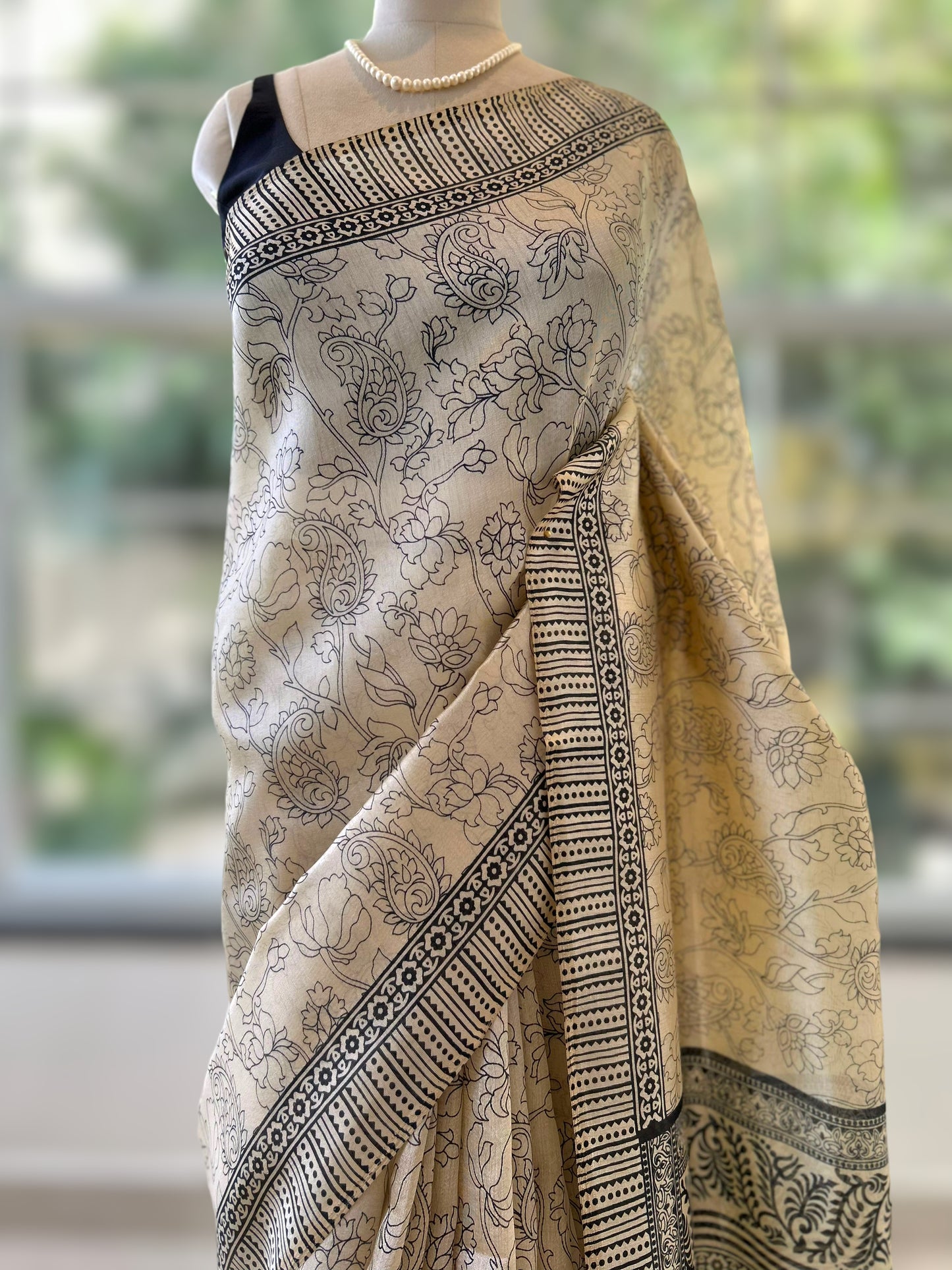 Cream printed tussar saree