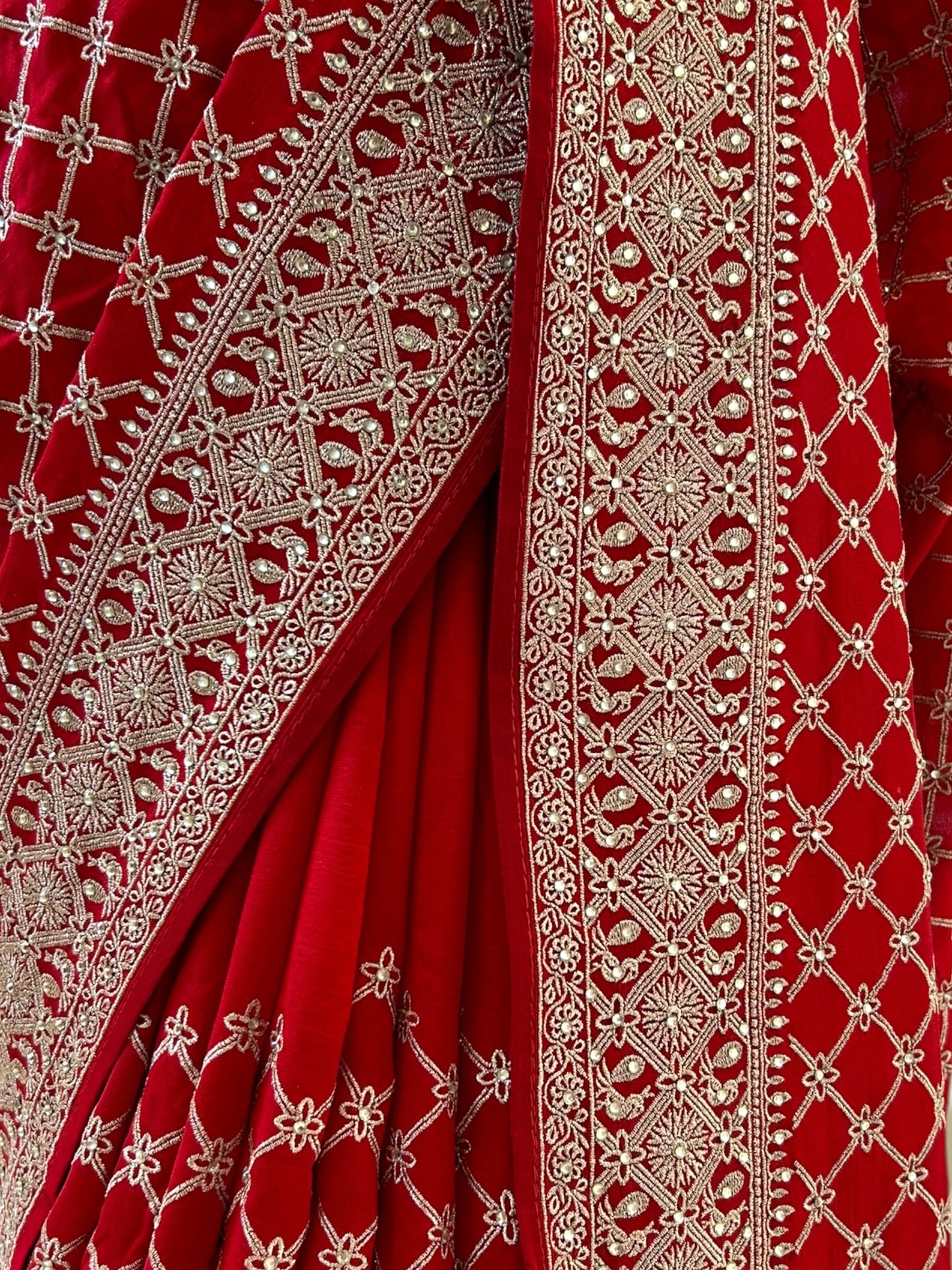 Red organza embroidered saree