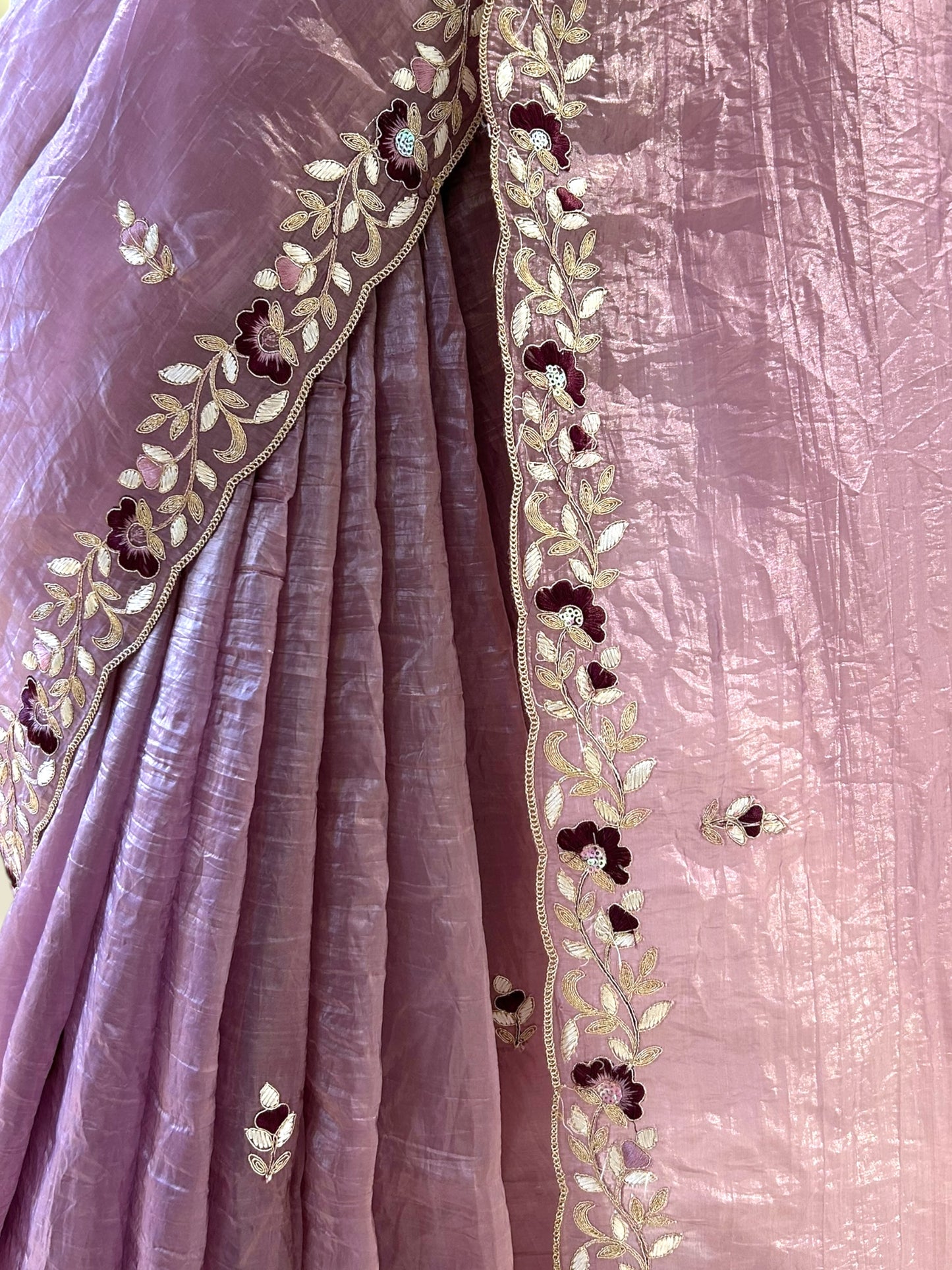 Embroidered crushed organza saree - Lilac