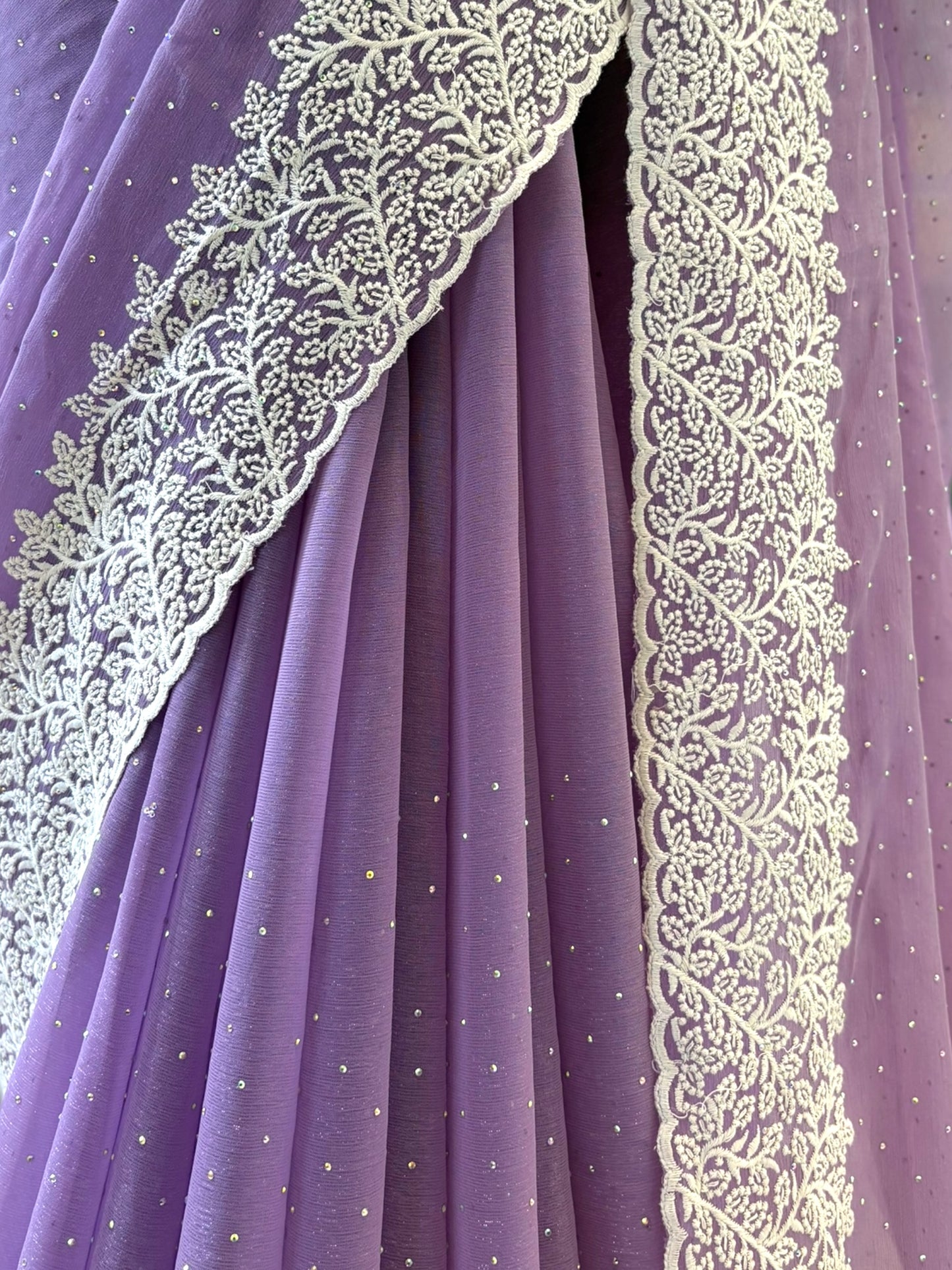 Chiffon threadwork saree - Lilac