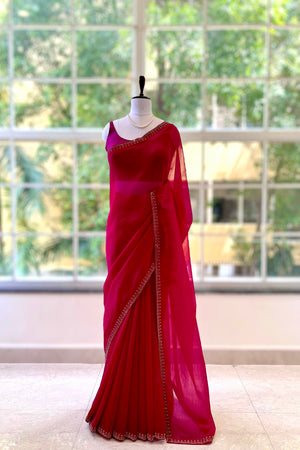 Swarovski embellished chiffon saree - Crimson