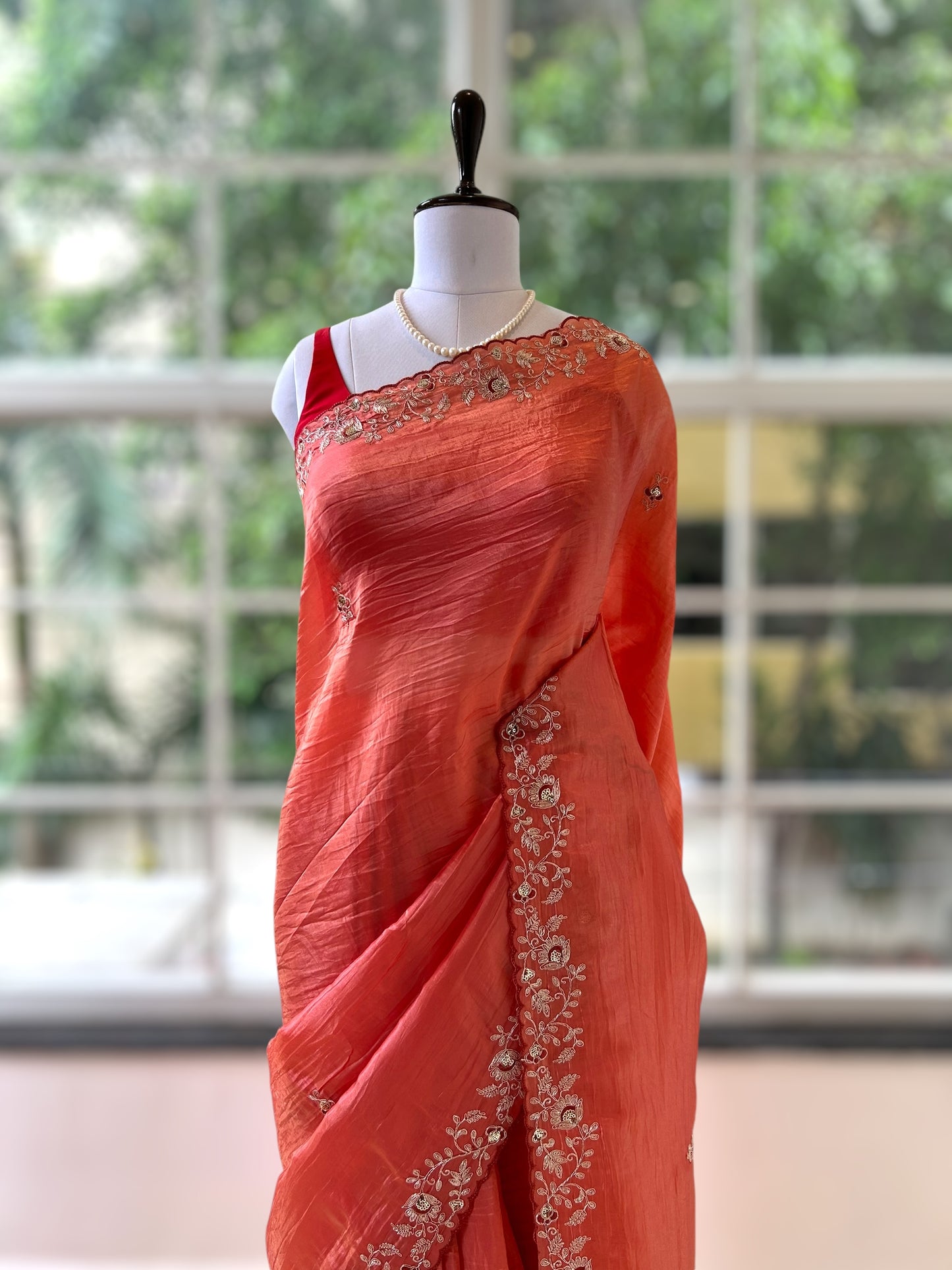 Aariwork crushed organza saree - Orange