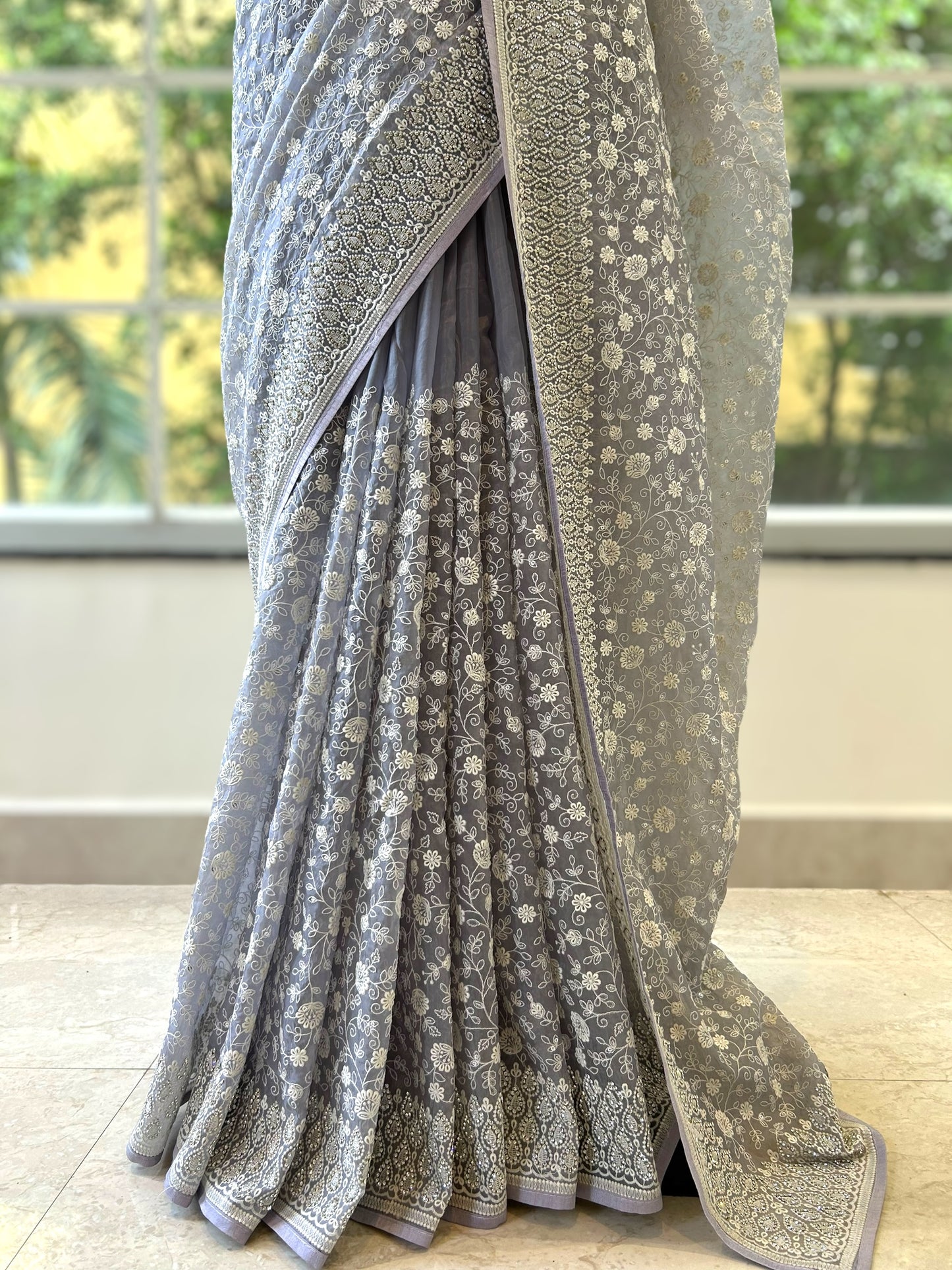 Floral embroidered organza saree - Grey