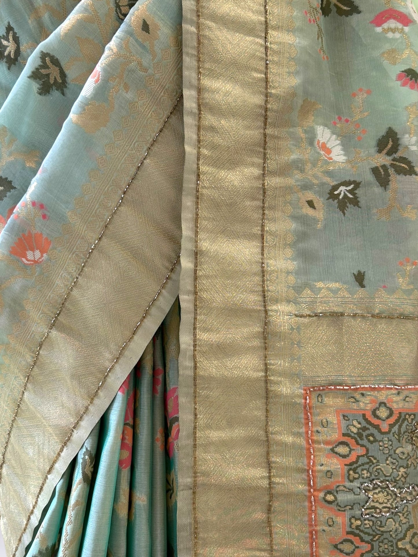 Handwork pure silk saree - Turquoise blue