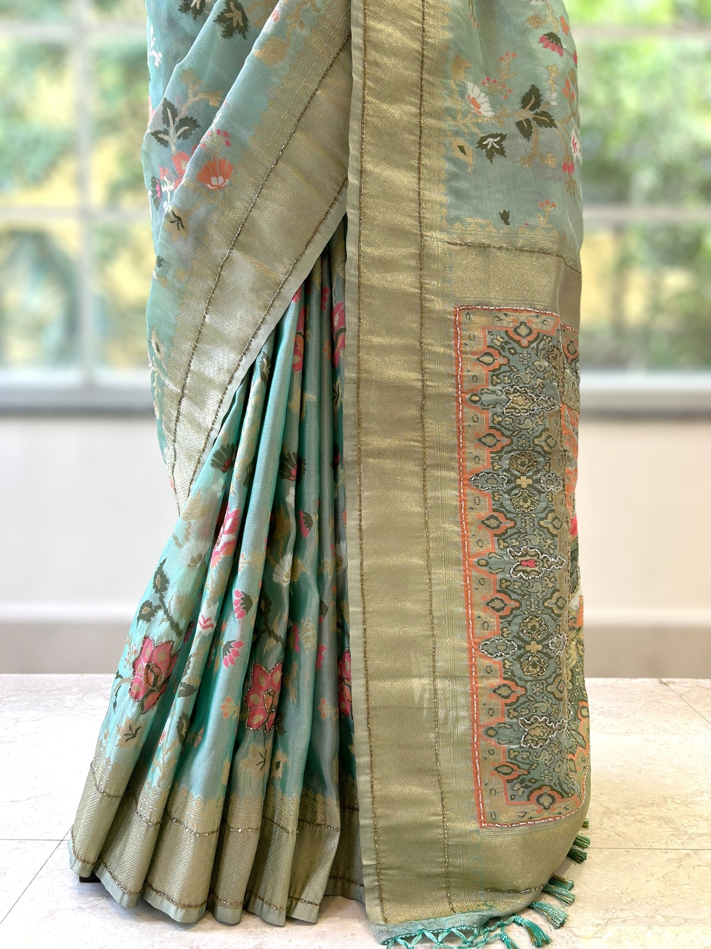 Handwork pure silk saree - Turquoise blue