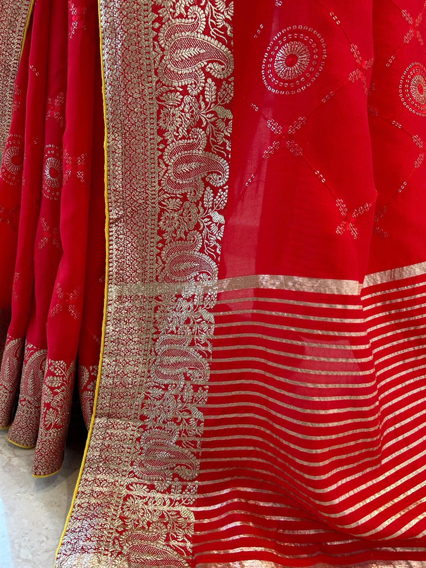 Red sequins zari saree