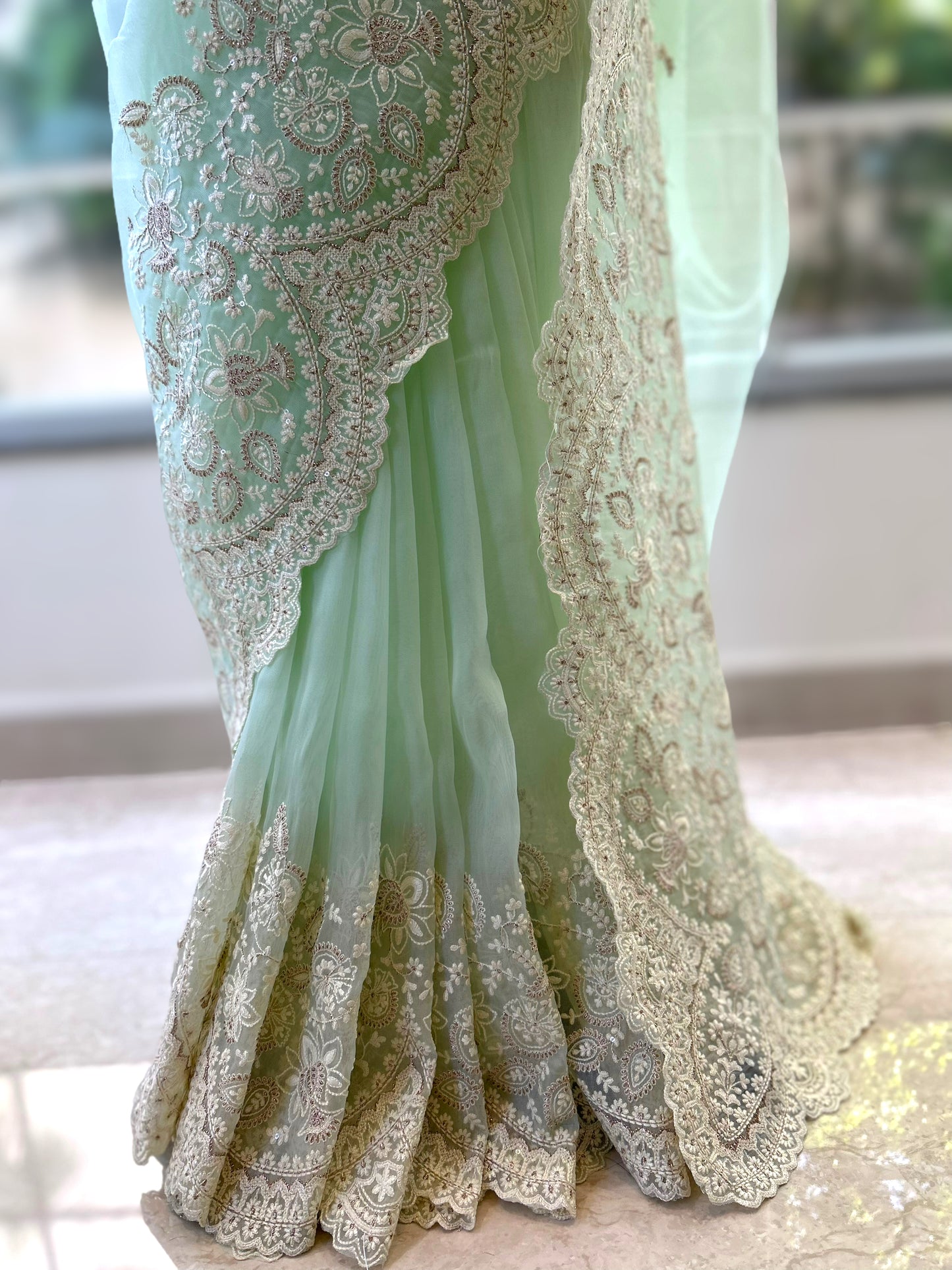 Organza zariwork saree - Green