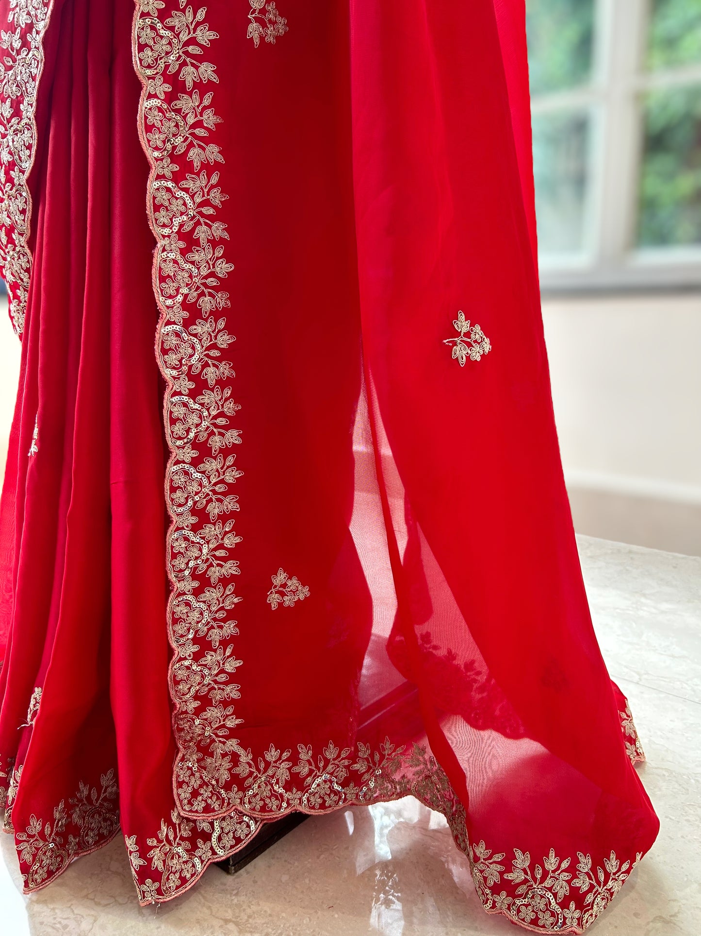 Satin chiffon aari work saree - Red