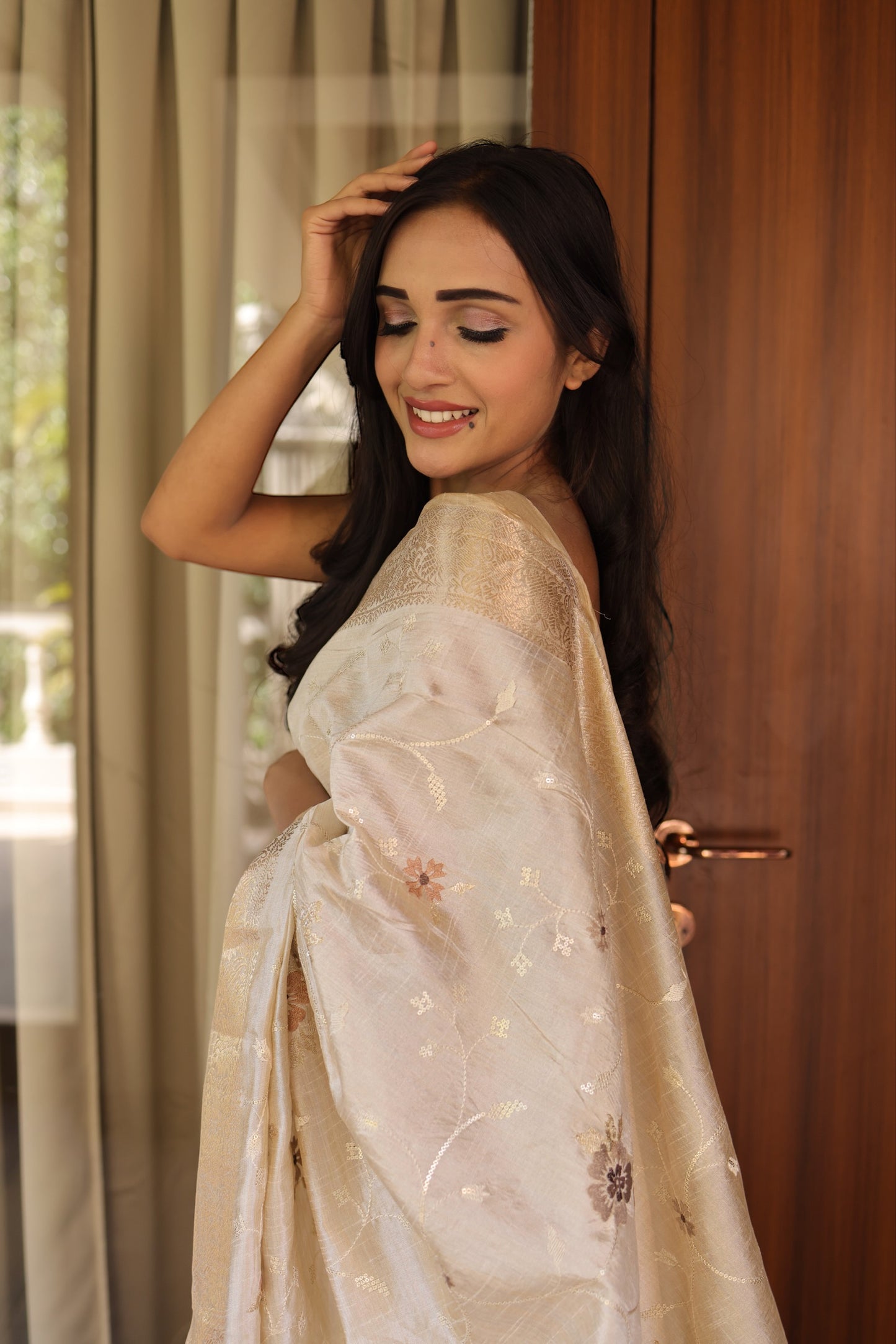 Beige cotton silk saree