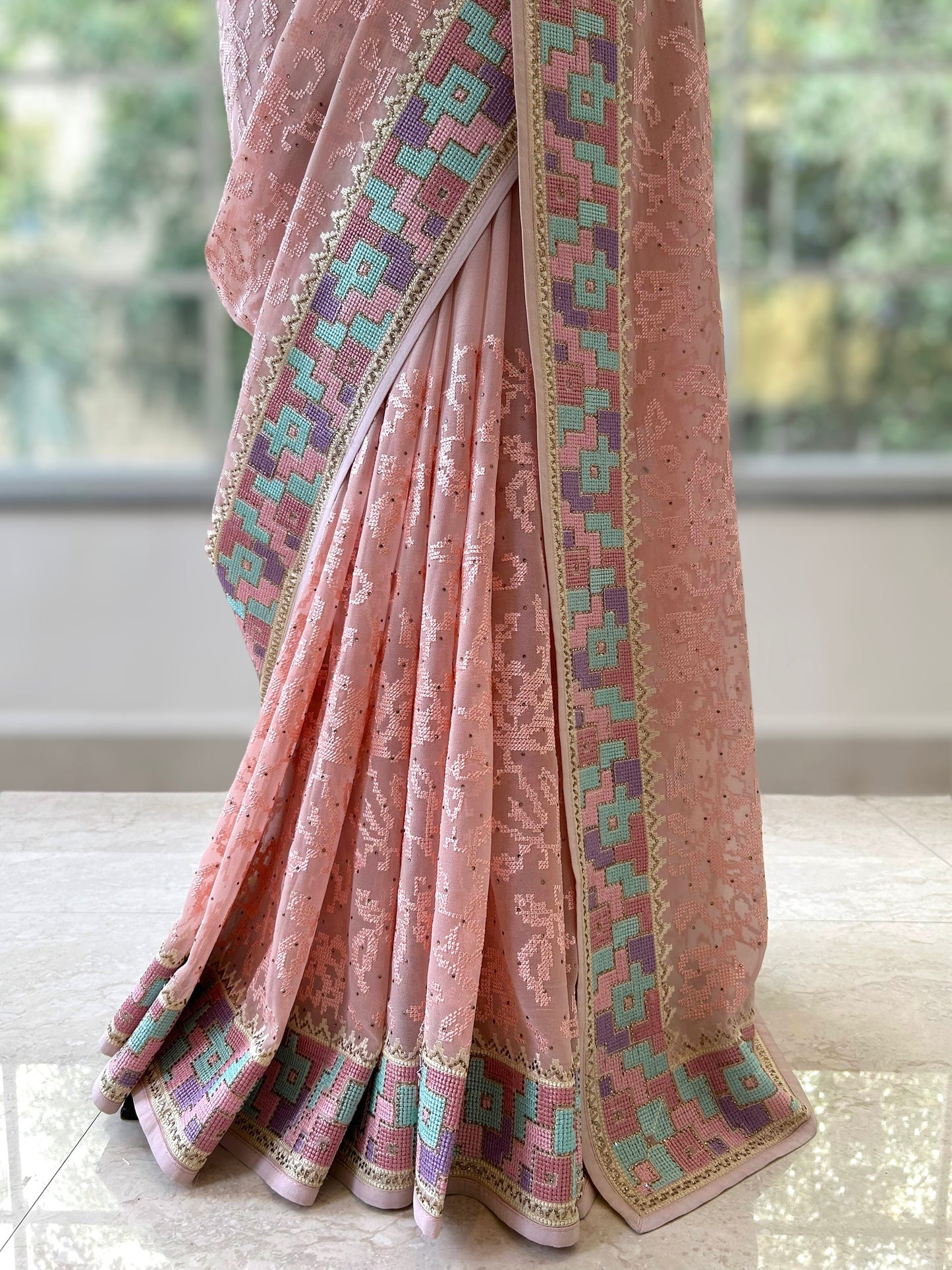 Pink georgette threadwork saree