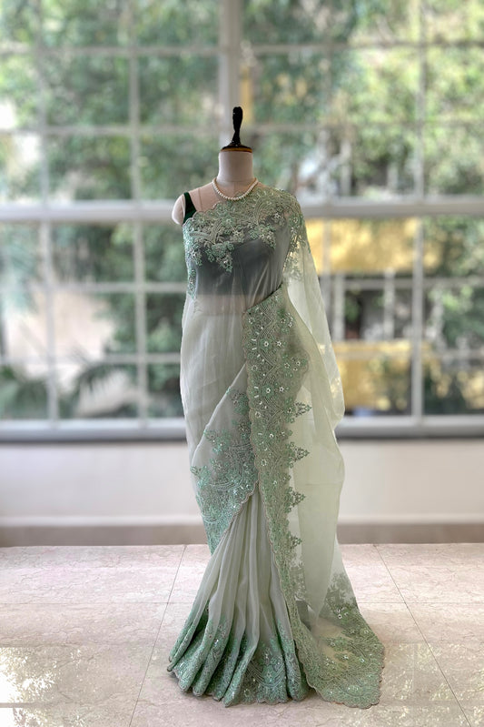 Green embellished organza saree