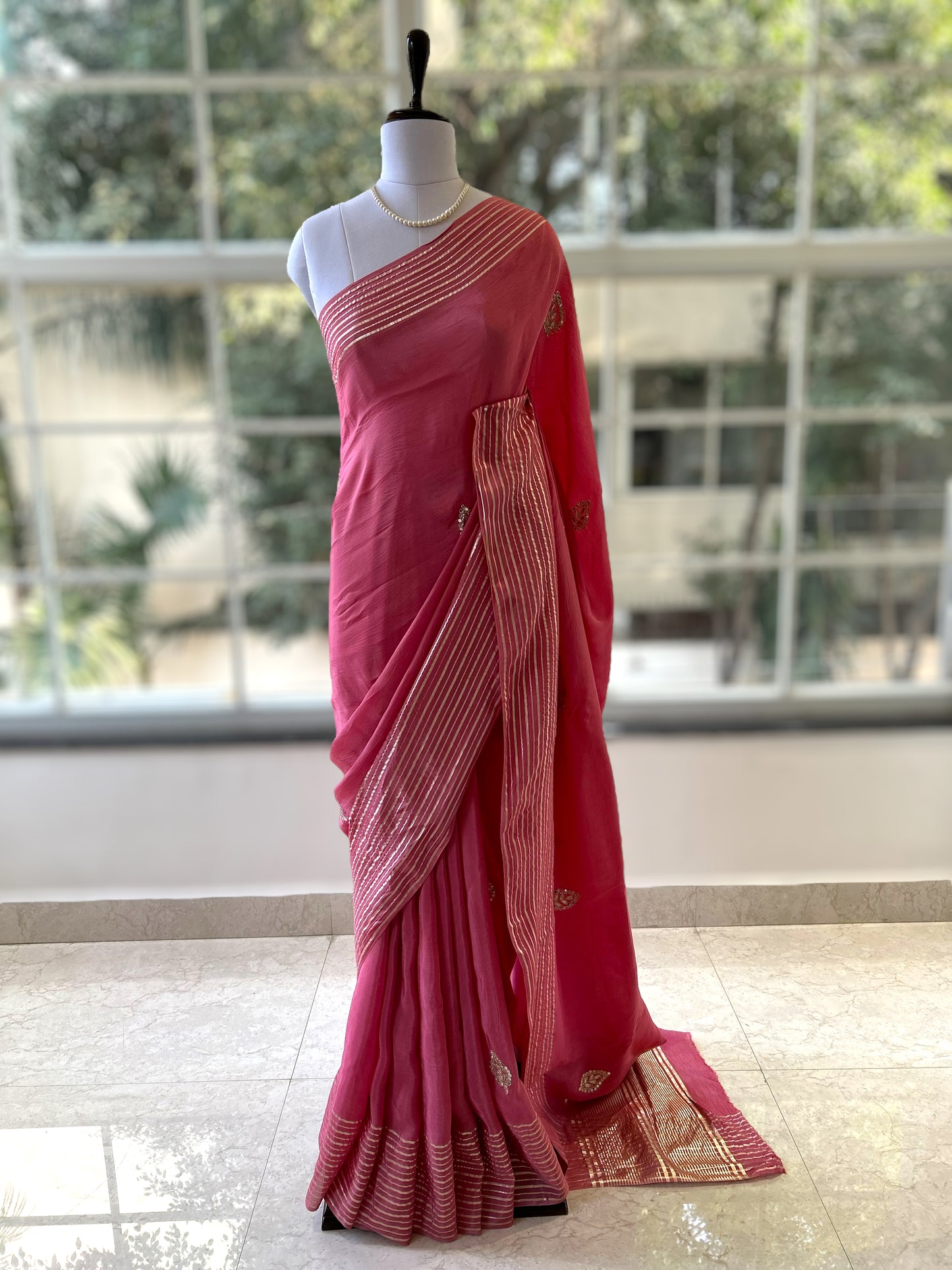 Pastel pink organza saree