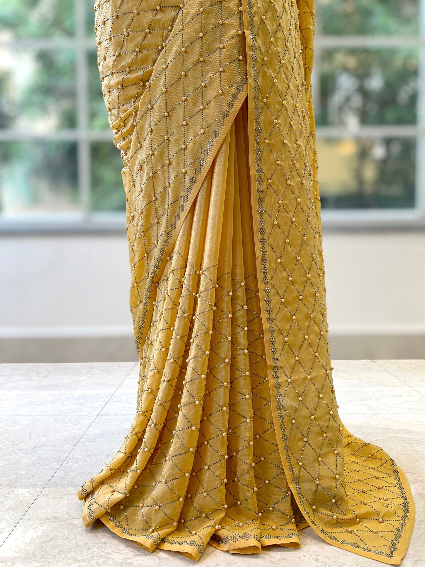 Yellow sequins & pearl saree