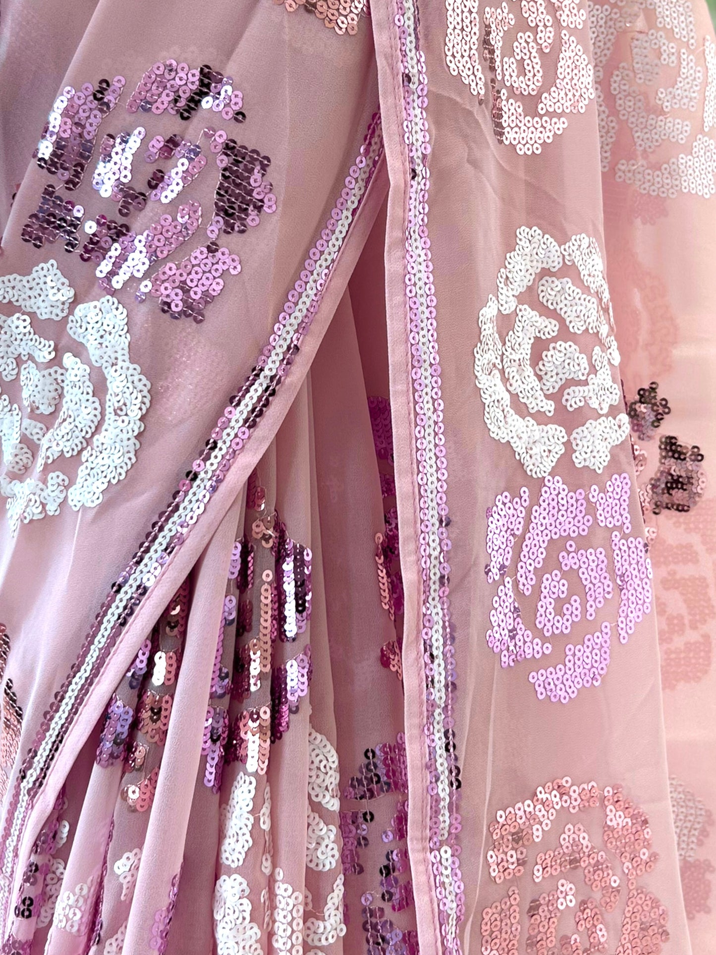 Rose sequins georgette saree - Baby pink