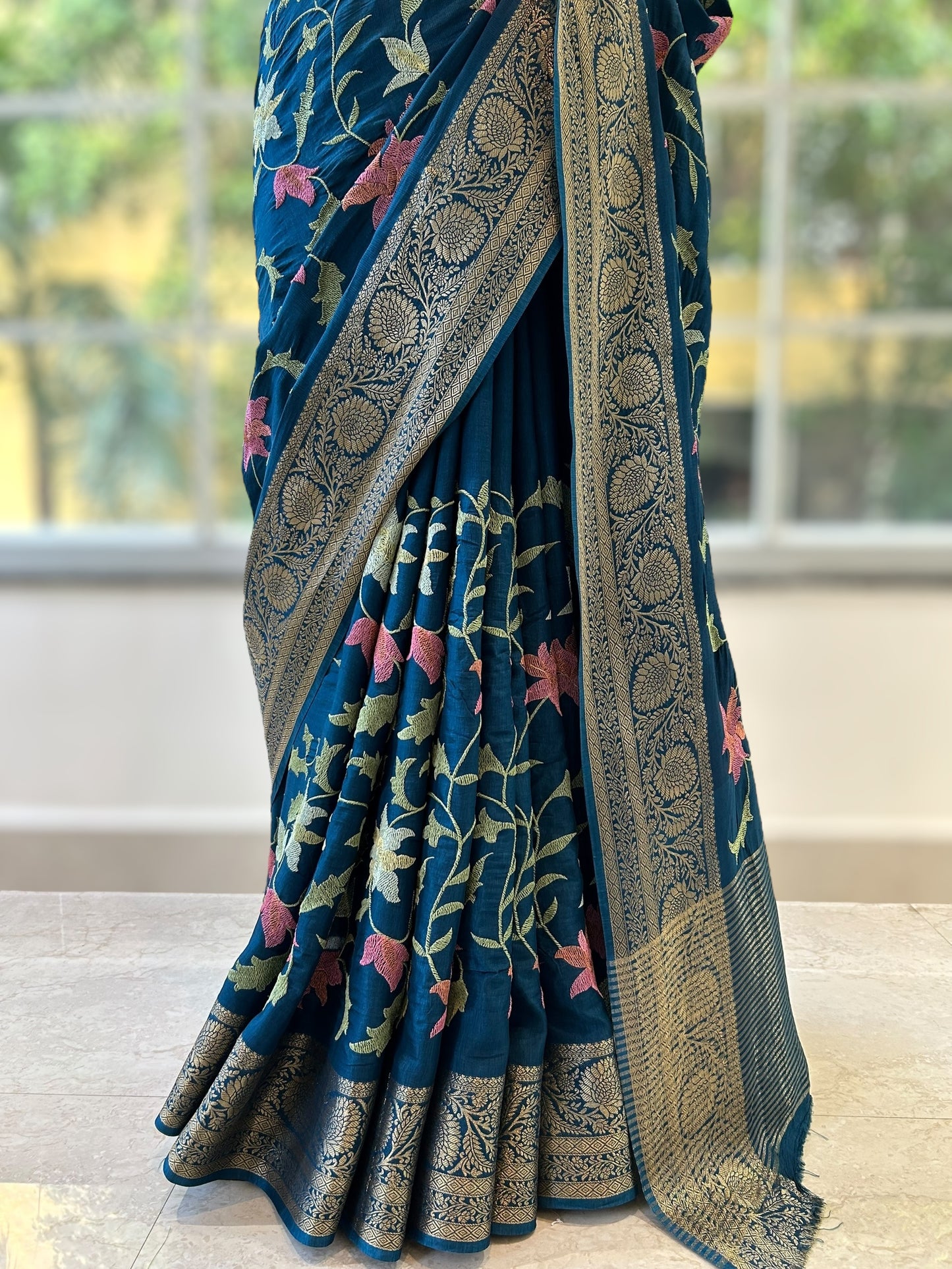 Resham embroidered saree - Teal blue