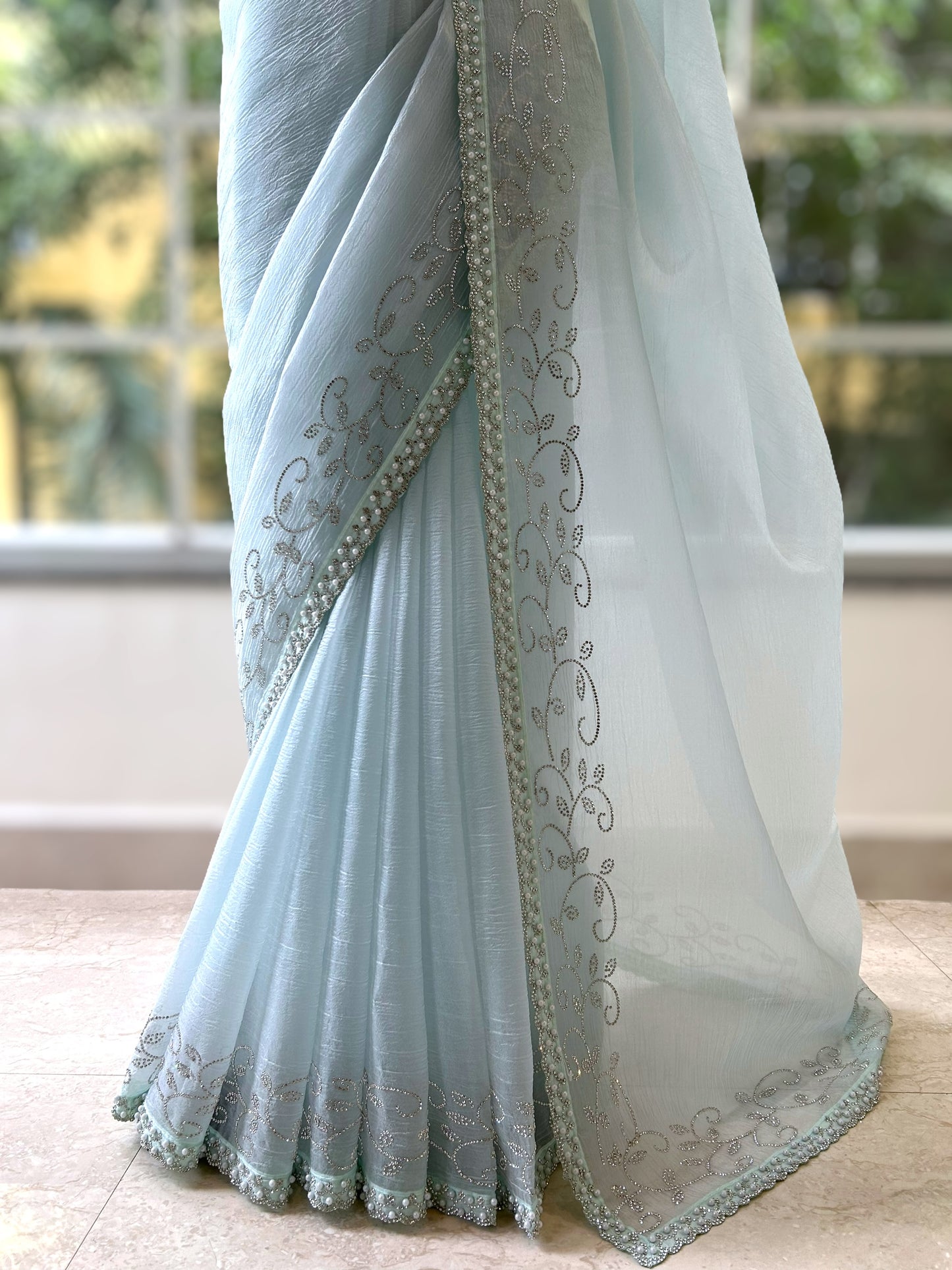 Sequins pearl embellished saree - Sky blue